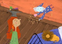 an illustration of a girl and a lion in a bed